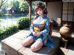 A woman in a kimono standing in front of a window.