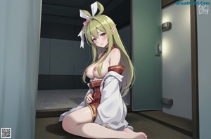 A woman in a white robe is sitting on a bed.