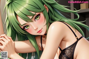 A woman with long green hair wearing a black lingerie.