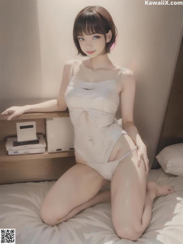 A woman in a white lingerie sitting on a bed.