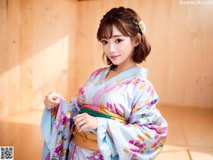 A woman in a kimono sitting on a bed.