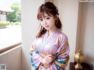 A woman in a blue and yellow kimono posing for the camera.