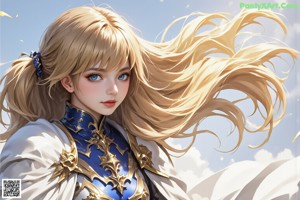 A woman in a white and blue outfit holding a sword.
