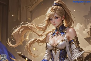 A woman with long blonde hair wearing a white and blue outfit.