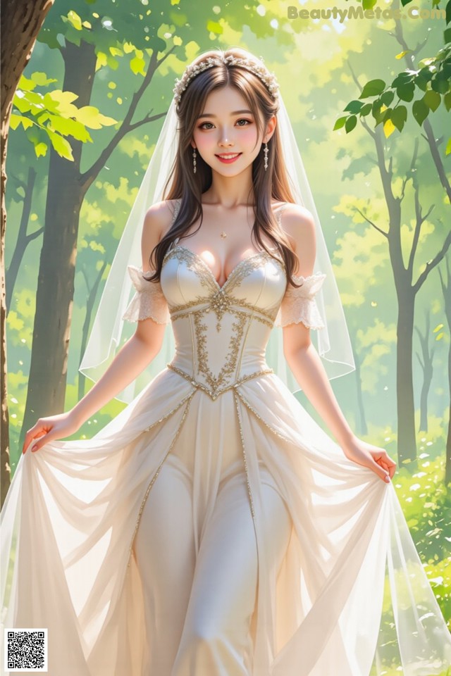A woman in a wedding dress standing in the woods.