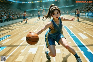 A girl in a cheerleading uniform dribbling a basketball on a court.