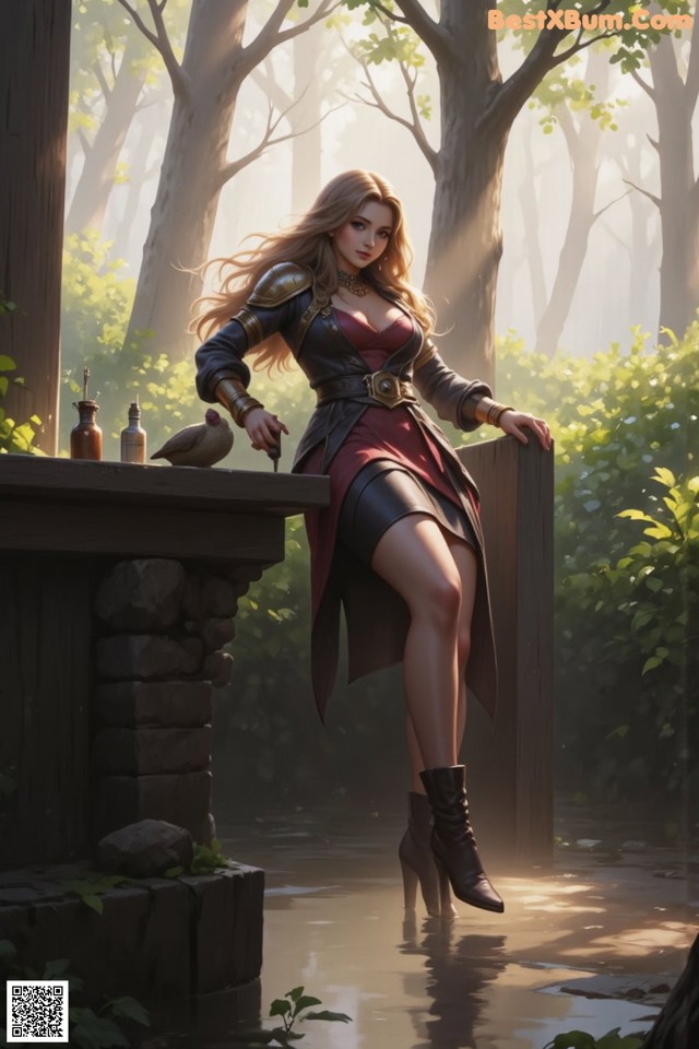A woman in a red dress is standing on a ledge in the woods.