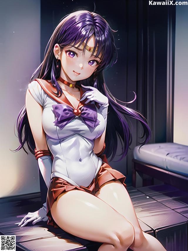 A girl in a sailor outfit sitting on a bed.