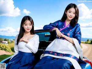 A woman in a white and red hanbok is posing for a picture.