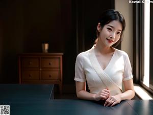 A woman in a pink and white hanbok is posing for a picture.