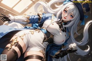 Anime girl with long white hair wearing a blue and white outfit.