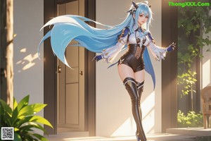A woman with long blue hair standing in the desert.