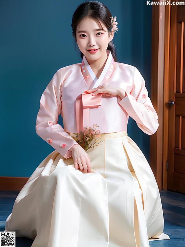 A woman in a pink and white hanbok sitting on the floor.