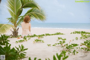 A woman in a bikini sitting on a beach next to a palm tree.