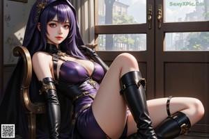 A woman with purple hair wearing a black lingerie and stockings.