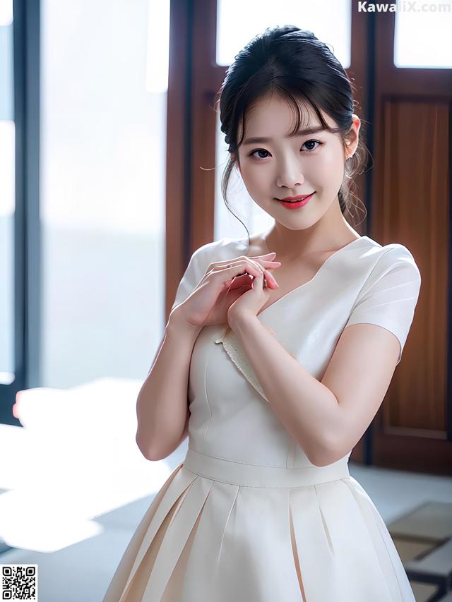 A woman in a white dress posing for a picture.