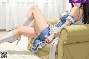 A woman in a blue and white dress sitting on a bed.