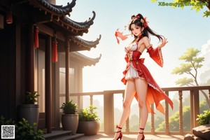 A woman in a red and white dress standing in front of a building.