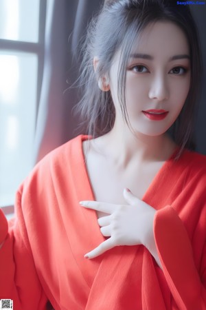 A naked asian woman posing in front of a red curtain.