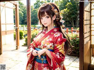 A woman in a blue kimono sitting on a wooden bench.