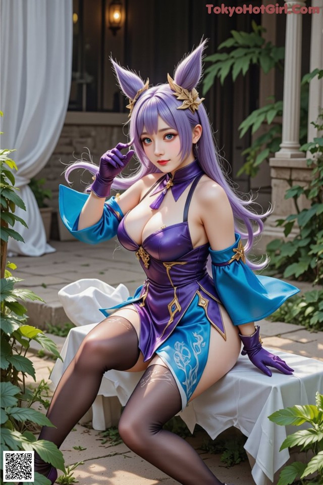 Hentai - Sovereign of Lightning in Exquisite Garb Set.1 20250125 Part 2 No.84f43e A woman in a purple and blue outfit sitting on a white bench.