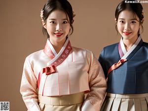 A young girl in a white and pink hanbok poses for a picture.