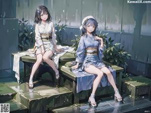 A woman in a kimono standing in front of a window.