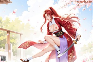 A woman in traditional attire holds a sword amidst a floral backdrop.