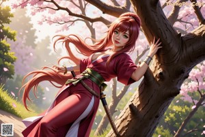 A woman in a red and purple outfit sits on a stone ledge by a pond with cherry blossoms.