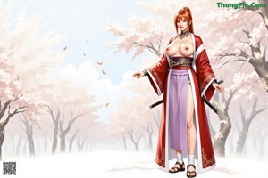 A woman in traditional attire holds a sword, surrounded by blossoms.