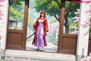 A woman in traditional attire holds a sword, standing amidst cherry blossoms and greenery.