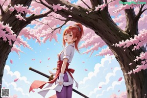 A woman in a red and purple outfit sits on a stone ledge by a pond with cherry blossoms.