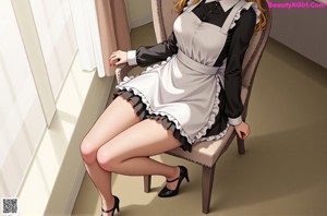 A woman in a maid outfit sitting on a bench.