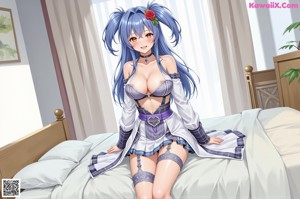 Anime girl with long green hair sitting on the floor.