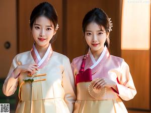 A woman wearing a white and pink hanbok standing in front of a door.