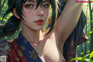 A naked woman in a red kimono standing in a forest.