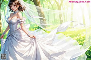 A woman in a wedding dress walking through a forest.