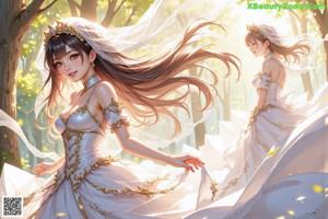 A woman in a wedding dress standing in the woods.