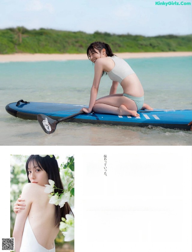 A woman in a white bathing suit sitting on a paddle board.