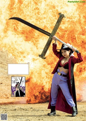 A woman in a red jacket and purple pants holding a sword.