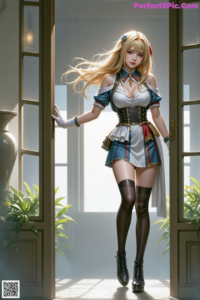 A woman in a short skirt and stockings standing in front of a door.