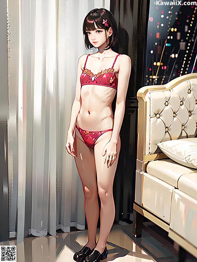 A woman in a red lingerie standing in front of a window.