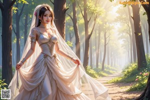 A woman in a wedding dress is standing in the woods.