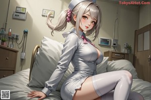 A woman in a nurse uniform sitting on a bed.