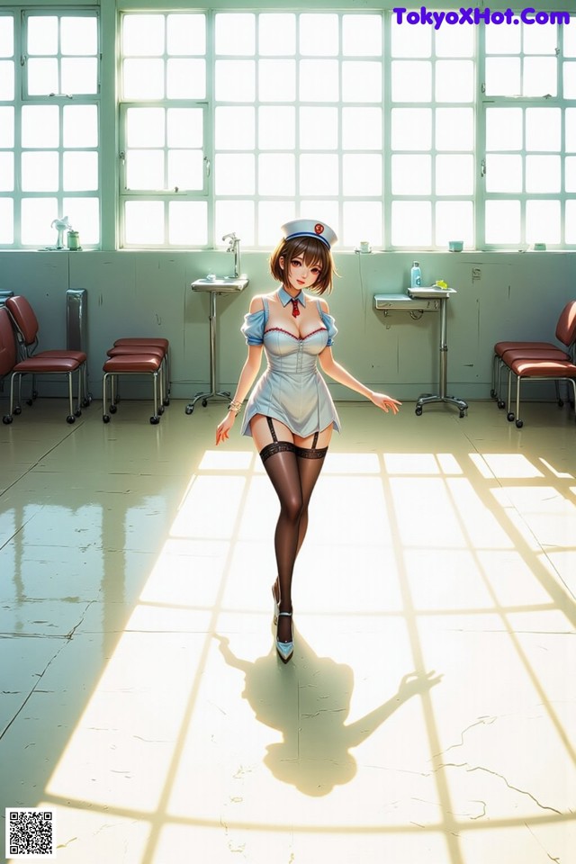 A woman in a nurse outfit is walking through a hospital room.