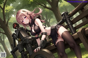 A woman in a black bodysuit holding a gun in a forest.