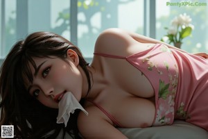 a woman in a pink dress sitting on a couch