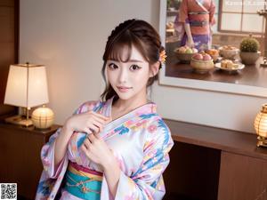 A woman in a pink kimono posing for the camera.