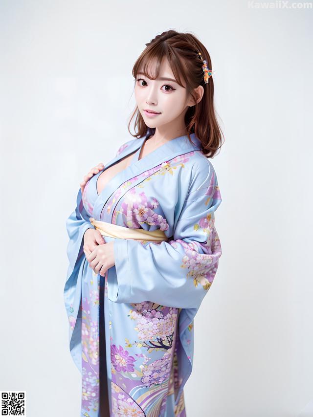 A woman in a blue kimono posing for a picture.