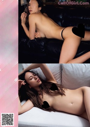 A woman in a black lingerie sitting on a couch.